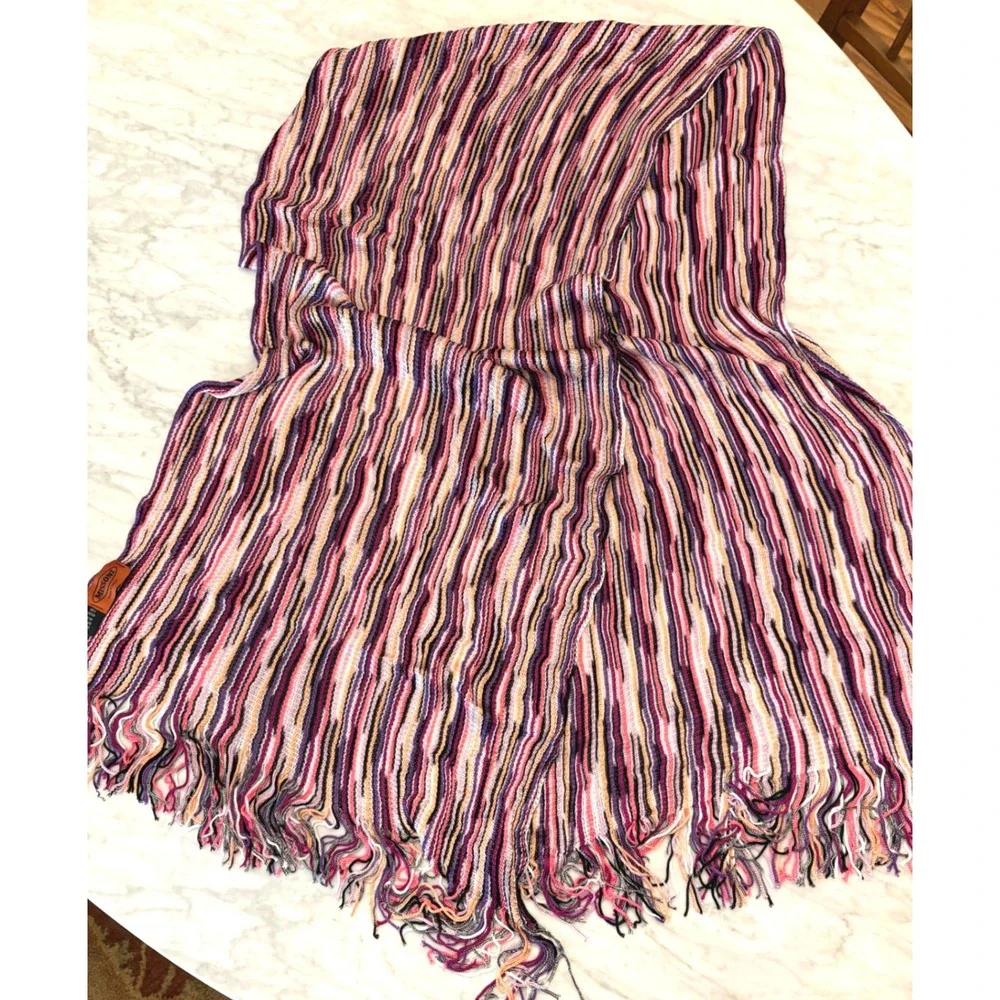 Missoni Brown Label Foulard Space Dye Stripe Fringe Scarf Purple Pink Italy 68
